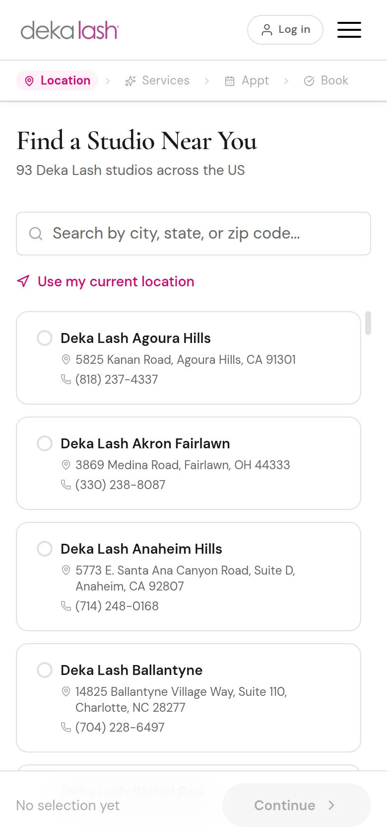 Deka Lash mobile booking screen where the client selects their studio, the first step of the custom booking flow.